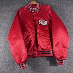 Vintage Chalk Line Red Satin TruTurn Hooks Bomber Jacket Quilted Fisherman SZ L